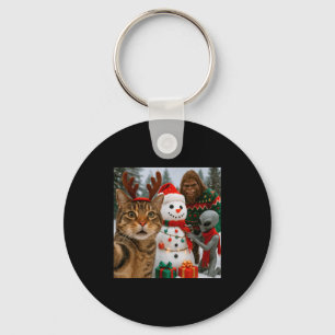 Funny Christmas Cat Selfie With Bigfoot Alien & Key Ring