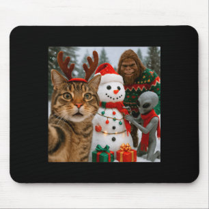 Funny Christmas Cat Selfie With Bigfoot Alien & Mouse Pad