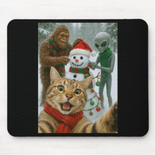 Funny Christmas Cat Selfie With Bigfoot Alien & Mouse Pad