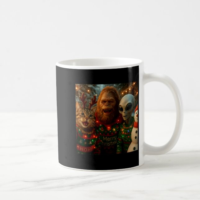 Funny Christmas Cat Selfie With Bigfoot Alien Ugly Coffee Mug (Right)