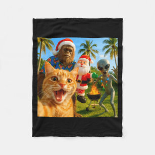 Funny Christmas Cat Selfie With Bigfoot & Alie Fleece Blanket