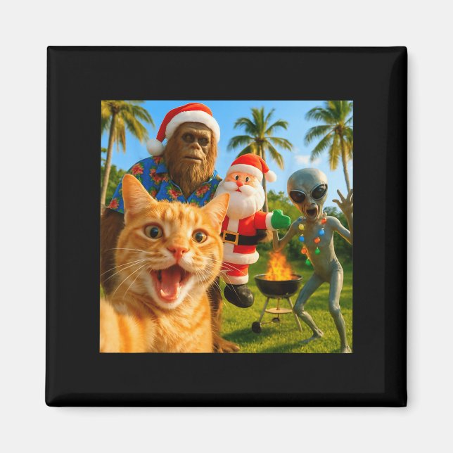Funny Christmas Cat Selfie With Bigfoot &amp; Alie Magnet (Front)