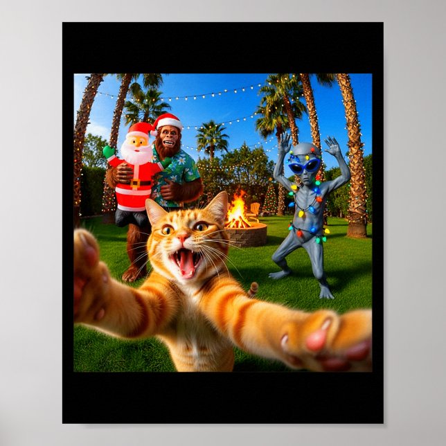 Funny Christmas Cat Selfie With Bigfoot &amp; Alie Poster (Front)