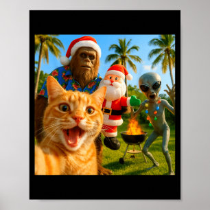 Funny Christmas Cat Selfie With Bigfoot & Alie Poster