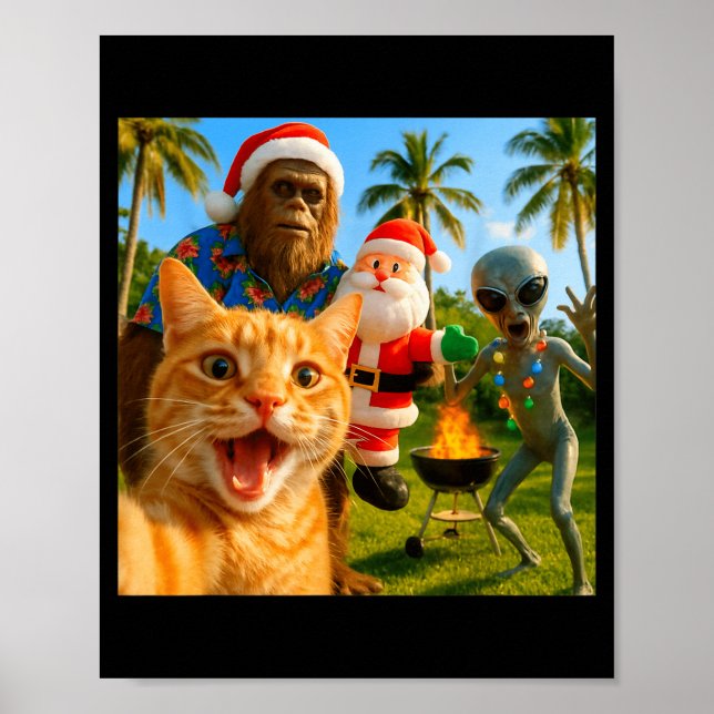 Funny Christmas Cat Selfie With Bigfoot &amp; Alie Poster (Front)