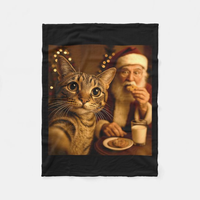 Funny Christmas Cat Selfie With Santa Claus Meme M Fleece Blanket (Front)