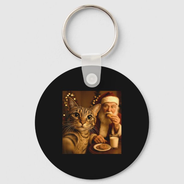 Funny Christmas Cat Selfie With Santa Claus Meme M Key Ring (Front)