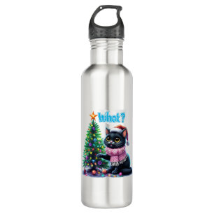 Funny Christmas Cat What with Tree Sticker 710 Ml Water Bottle
