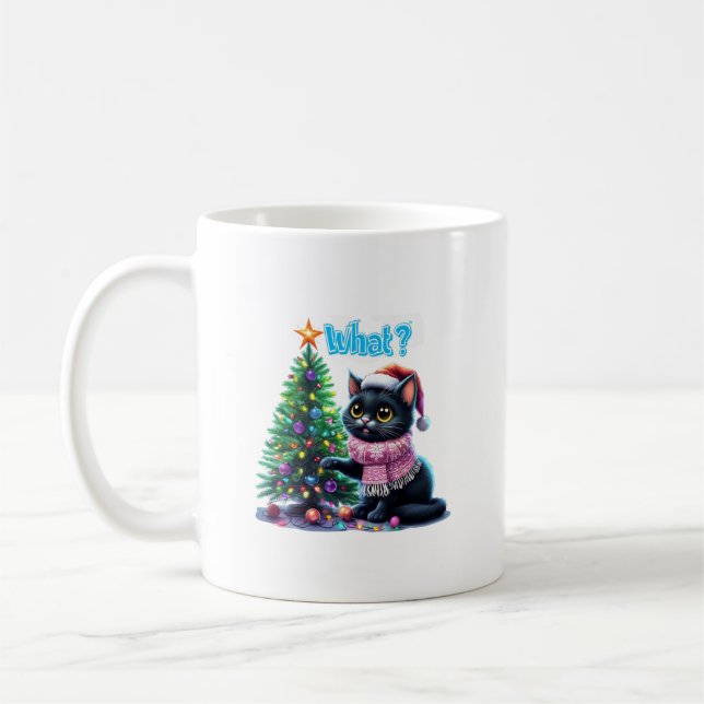 Funny Christmas Cat What with Tree Sticker Coffee Mug (Left)