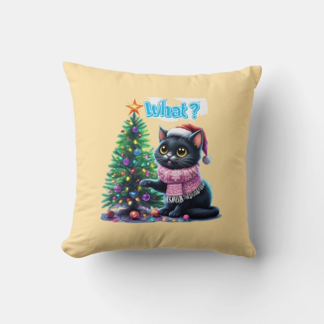 Funny Christmas Cat What with Tree Sticker Cushion (Front)