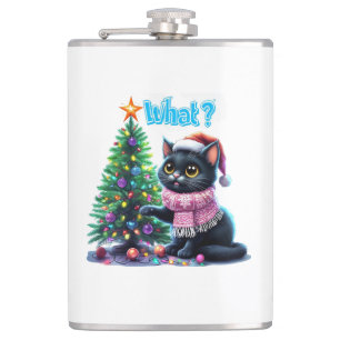 Funny Christmas Cat What with Tree Sticker Hip Flask