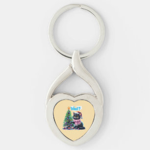 Funny Christmas Cat What with Tree Sticker Key Ring