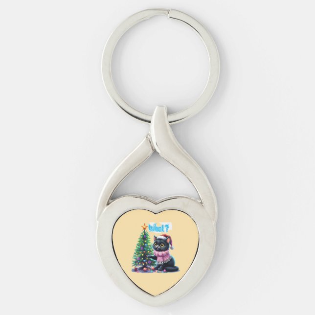 Funny Christmas Cat What with Tree Sticker Key Ring (Front)