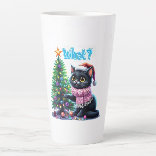 Funny Christmas Cat What with Tree Sticker Latte Mug (Front)