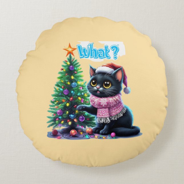 Funny Christmas Cat What with Tree Sticker Round Cushion (Front)