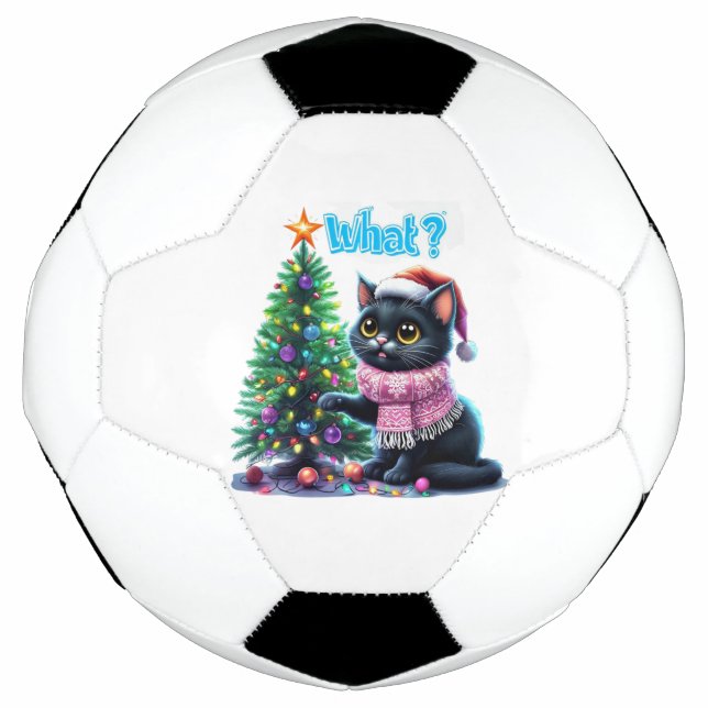 Funny Christmas Cat What with Tree Sticker Soccer Ball (Front)