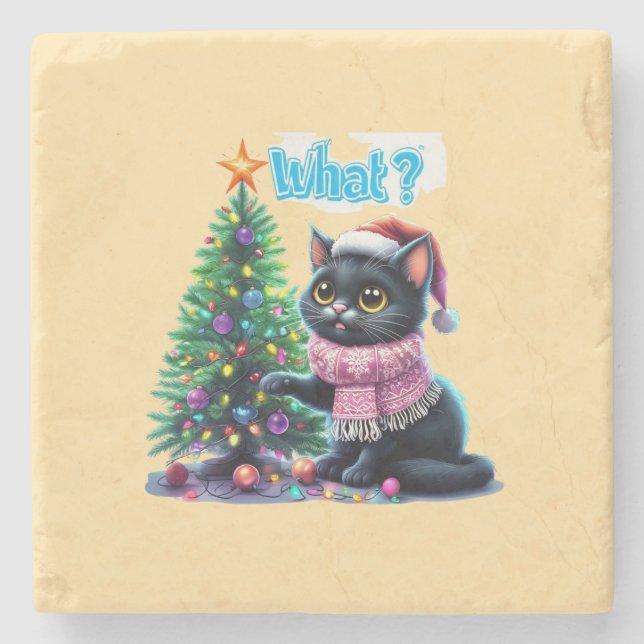 Funny Christmas Cat What with Tree Sticker Stone Coaster (Front)