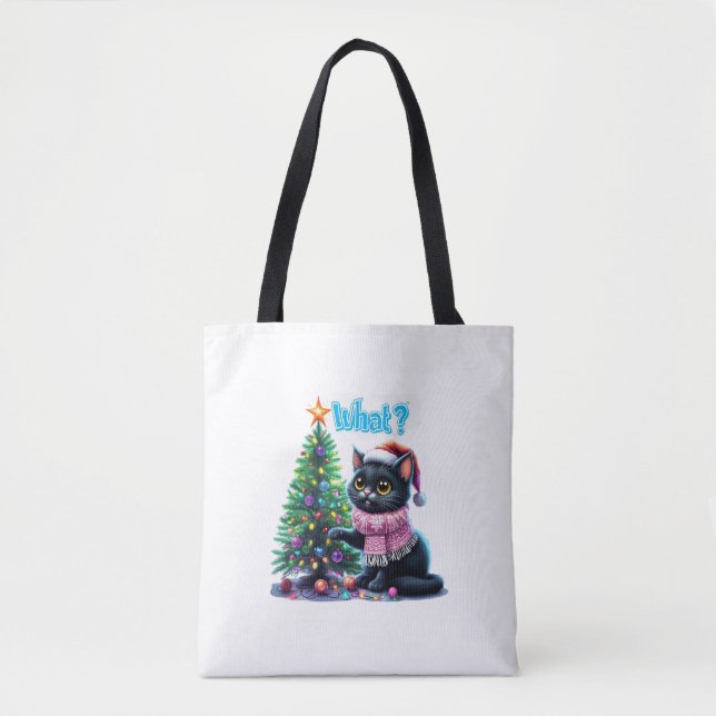 Funny Christmas Cat What with Tree Sticker Tote Bag (Front)