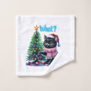 Funny Christmas Cat What with Tree Sticker Wash Cloth