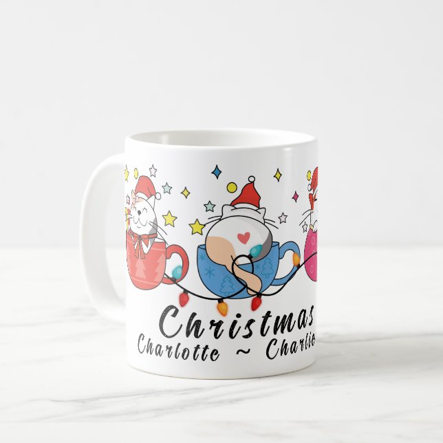 Funny Christmas Cats I Monogram Christmas Party Coffee Mug (Front Left)