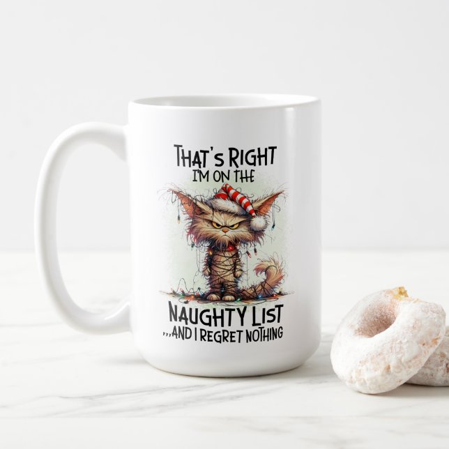 Funny Christmas Cats Naughty List  Coffee Mug (With Donut)