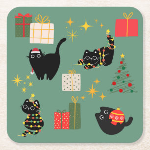 Funny Christmas Cats Square Paper Coaster