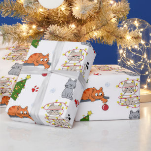Funny Christmas Cats Tangled in Lights Wrapping Pa Paper
