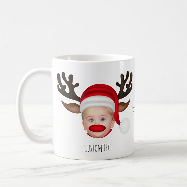 Funny Christmas Character Face Personalised Photo Coffee Mug (Left)