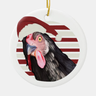 Funny Christmas Chicken Red And White Stripes Ceramic Ornament