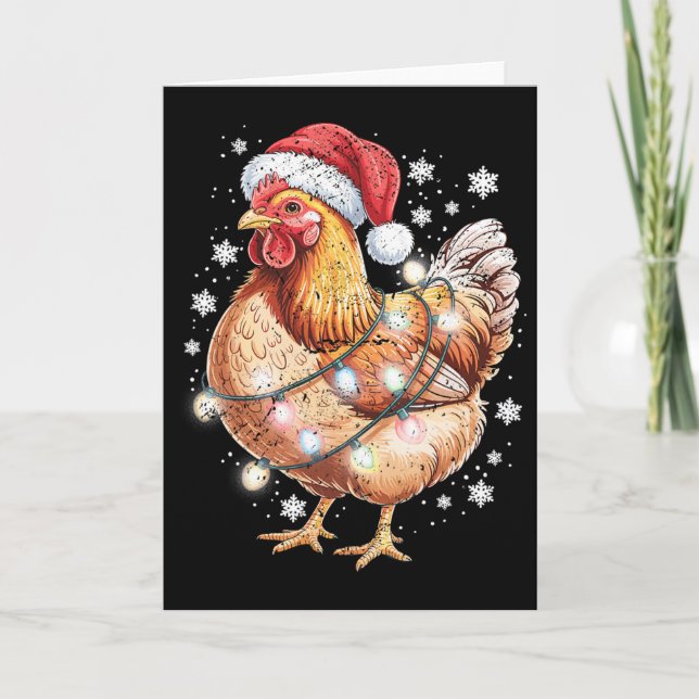 Funny Christmas Chicken Santa Hat String Lights Ho Card (Front)