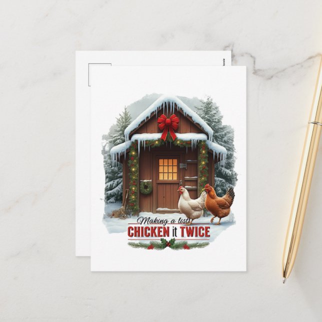 Funny Christmas chicken word art farm Holiday Postcard (Front/Back In Situ)
