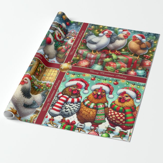 Funny Christmas Chickens Wrapping Paper with Text (Unrolled)