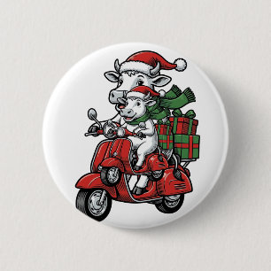 Funny Christmas Cow Riding Scooter Vintage Design_ 6 Cm Round Badge