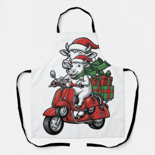 Funny Christmas Cow Riding Scooter Vintage Design_ Apron