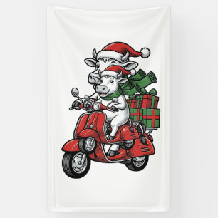 Funny Christmas Cow Riding Scooter Vintage Design_ Banner