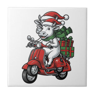 Funny Christmas Cow Riding Scooter Vintage Design_ Ceramic Tile