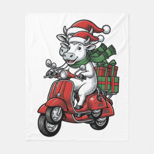 Funny Christmas Cow Riding Scooter Vintage Design_ Fleece Blanket