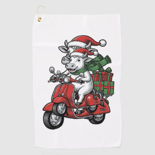 Funny Christmas Cow Riding Scooter Vintage Design_ Golf Towel