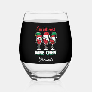 Funny Christmas crew add name Stemless Wine Glass