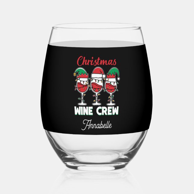 Funny Christmas crew add name Stemless Wine Glass (Front)