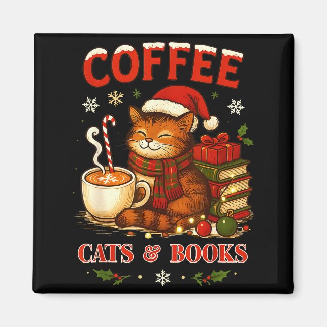 Funny Christmas Cute Coffee Cats Books Lover Women Magnet (Front)