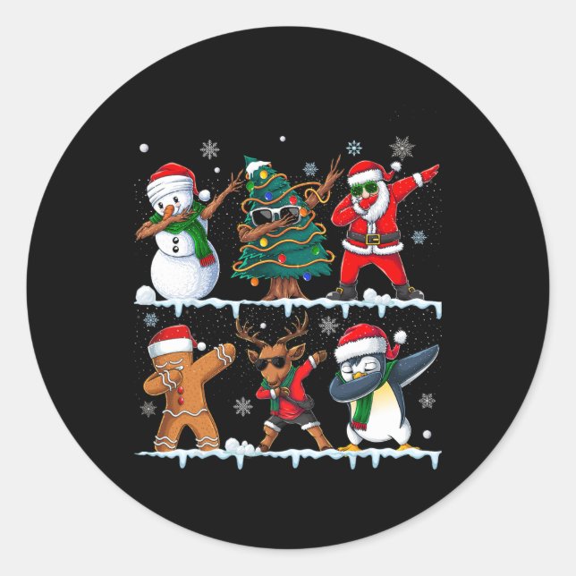 Funny Christmas Dabbing Santa Elf Deer Friends Xma Classic Round Sticker (Front)