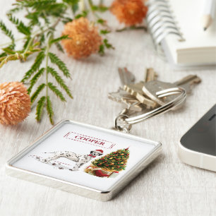 Funny Christmas Dalmation Dog and Tree Key Ring