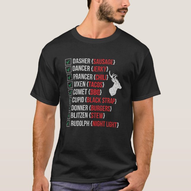 Funny Christmas Deer Hunters Santa's Reindeer Meat T-Shirt (Front)