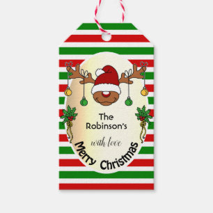 Funny Christmas Deer Red and Green Striped Custom Gift Tags