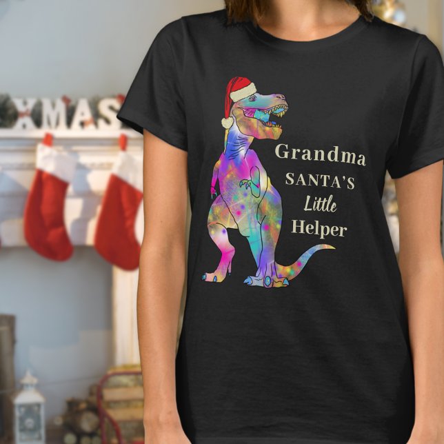 Funny Christmas Dinosaur Grandma Quote T-Shirt (Grandma Santa’s little helper quote funny Christmas dinosaur  T-shirt T-Rex wearing a Santa hat )