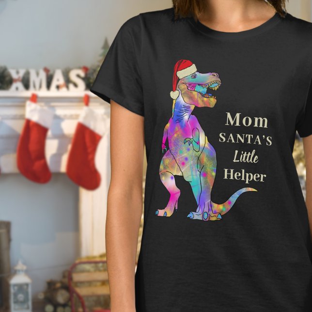 Funny Christmas Dinosaur Mum Quote T-Shirt (Funny mom Santas little helper dinosaur quote Christmas t-shirt Colorful T-Rex wearing a Santa hat )