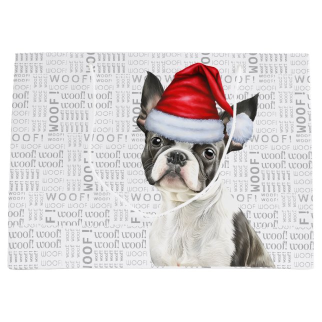 Funny Christmas Dog Boston Terrier Holiday Large Gift Bag (Front)