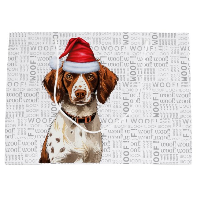 Funny Christmas Dog Brittany Spaniel Holiday Large Gift Bag (Front)