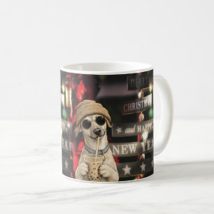 Funny Christmas Dog Drinking Bubble Tea Coffee Mug